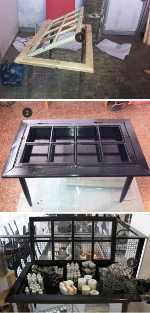 לפני ואחרי, איך לבנות שולחן מחלון ישן, שולחן תצוגה מעץ מלא, שולחן מתריס ישן